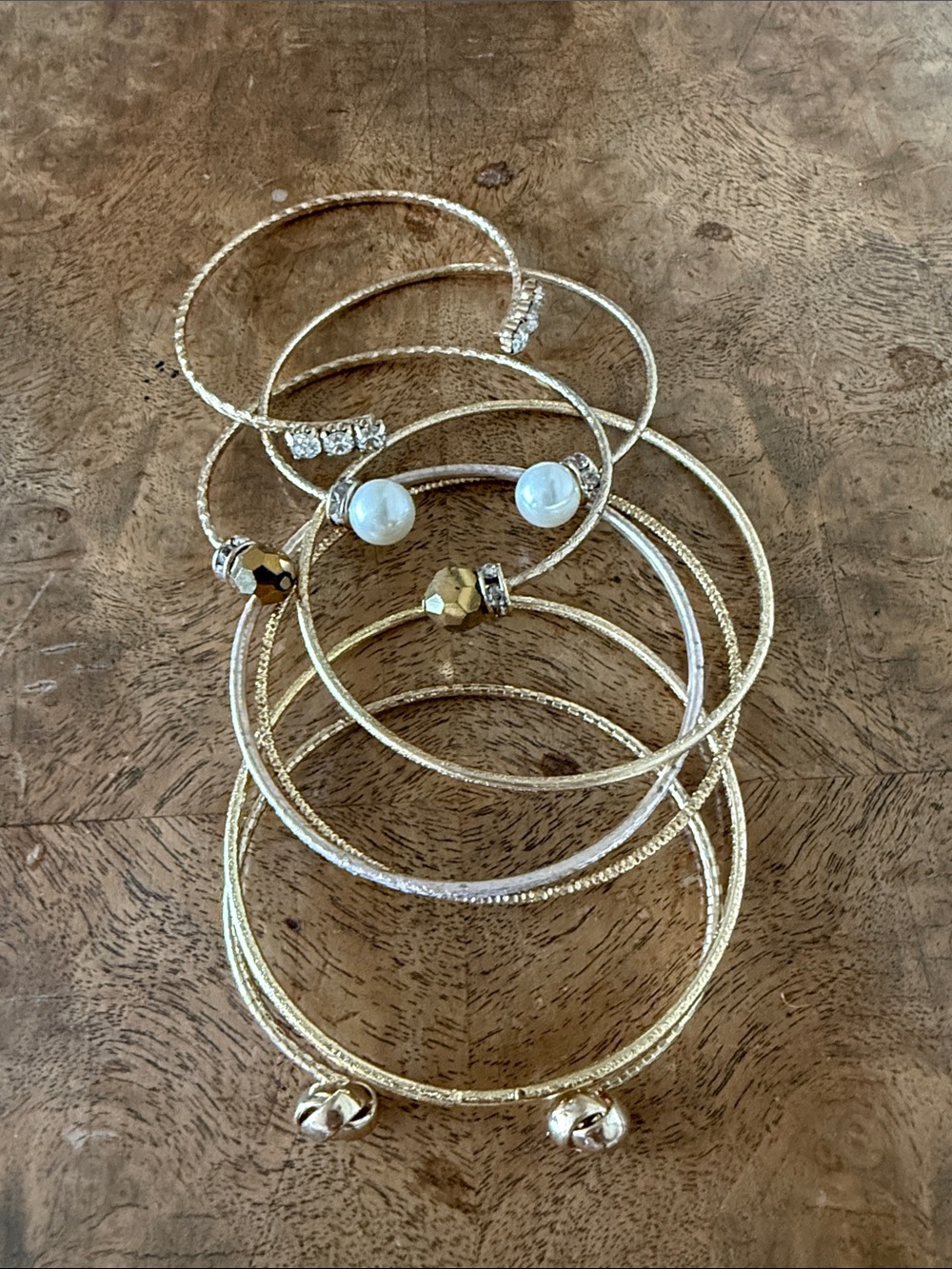 Gold-Tone Multi-Bangle Bracelet Set with Pearl and Faceted Bead Accents